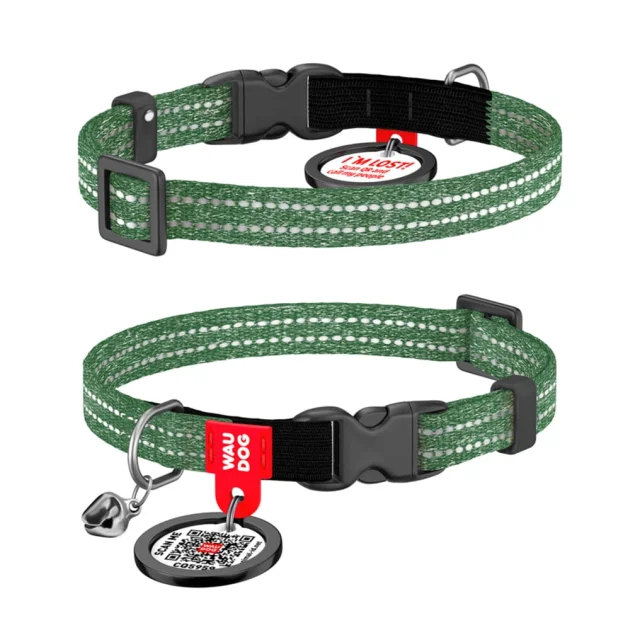 Нашийник Waudog Re-cotton, QR паспорт для котів з відновленої бавовни , світловідбивач, XS, 10 мм, 20-30 см, зелений