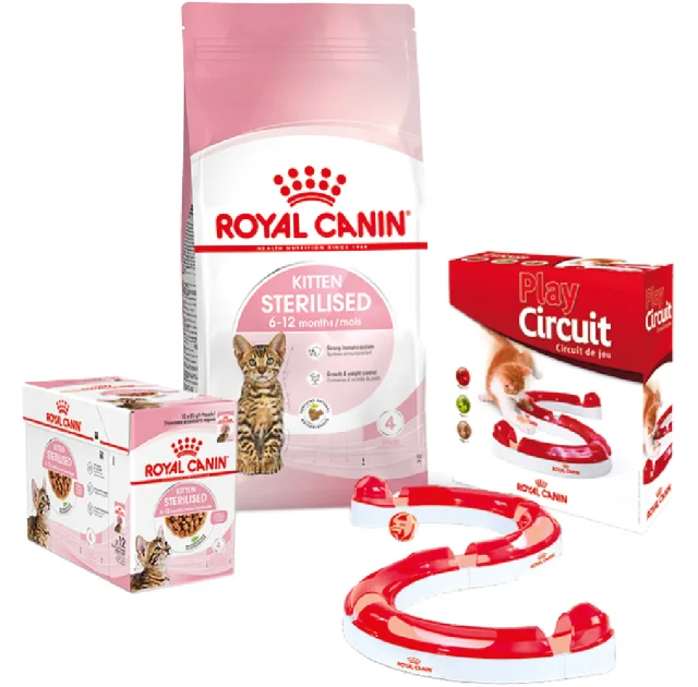 Набор сухого корма Royal Canin Kitten Sterilised 2 кг + влажный корм 12 шт по 85 г + игровой трек в подарок