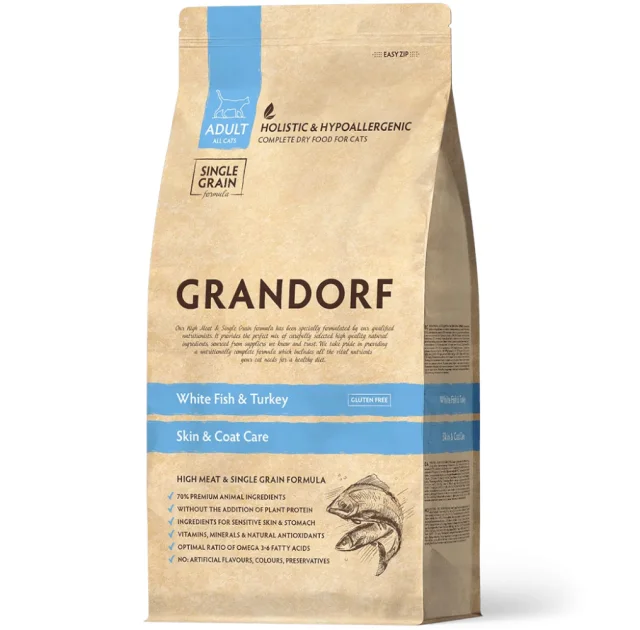 Сухий корм  Grandorf White Fish & Turkey Skin & Coat Care для дорослих котів для шкіри та шерсті, біла риба з індичкою, 400 г