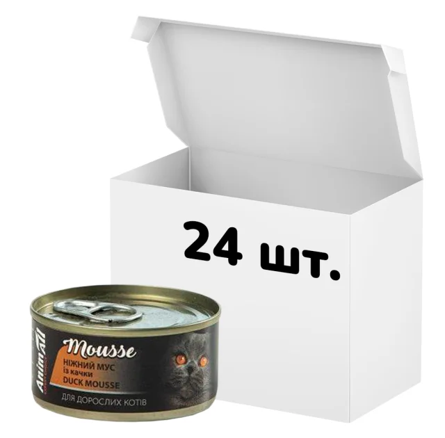 Упаковка консервів AnimAll для котів, ніжний мус із качки, 80 г, 24 штуки