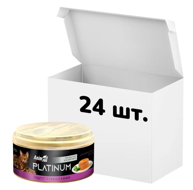 Упаковка консервів AnimAll Platinum для котів, ніжний паштет з качки, 70 г, 24 штуки