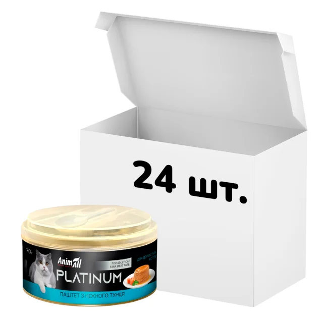Упаковка консервів AnimAll Platinum для котів, ніжний паштет з тунця, 70 г, 24 штуки