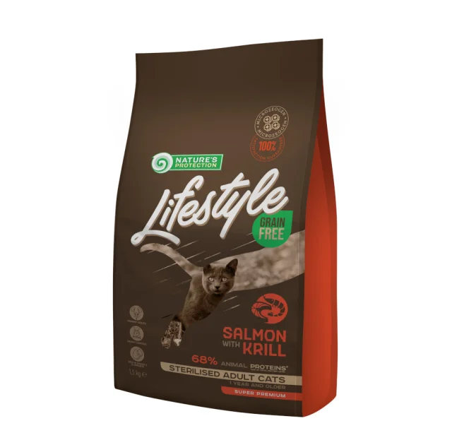 Сухий беззерновий корм Nature's Protection Lifestyle Grain Free Salmon with krill Sterilised Adult Cat для стерилізованих кішок, лосось, 1.5 кг