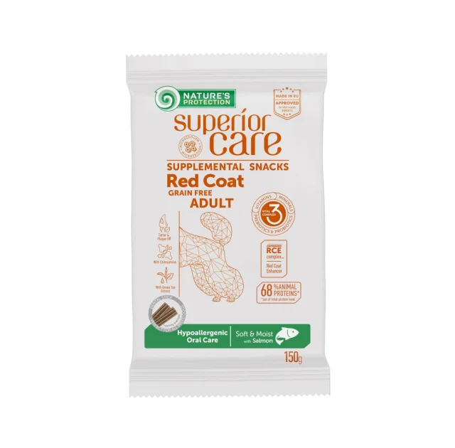 Беззерновые лакомства Nature's Protection SC Red Coat Hypoallergenic Oral Care для взрослых собак, с рыжей шерстью, лосось, 150 г