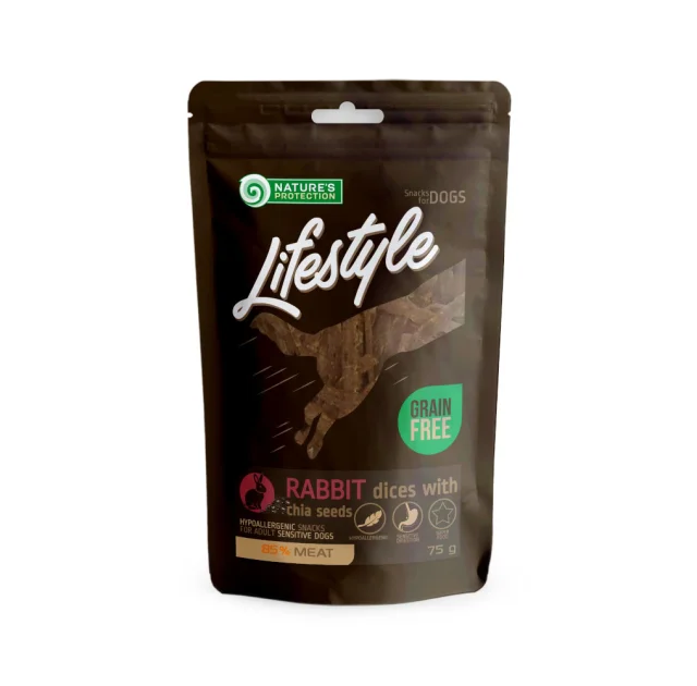 Ласощі Nature's Protection Lifestyle Snack For Dogs Soft Rabbit Dices with Chia Seeds для собак, кролятина з насінням чіа, 75 г