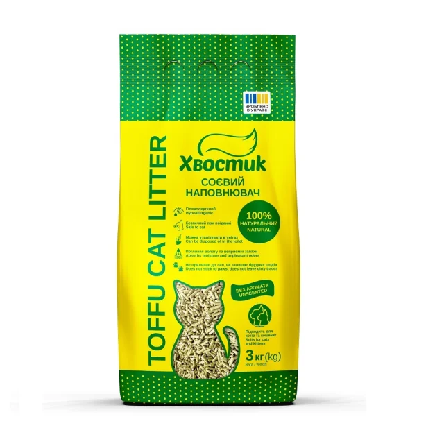 Соевый наполнитель Хвостик для кошачьего туалета, без аромата, 3 кг