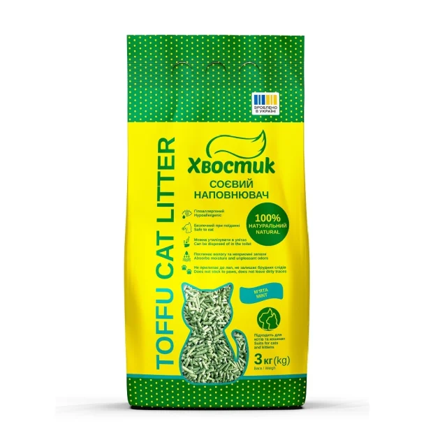 Соевый наполнитель Хвостик для кошачьего туалета, с ароматом мяты, 3 кг