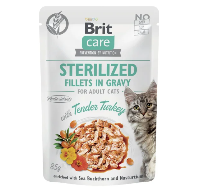 Вологий корм Brit Care Cat Fillets in Gravy для стерилізованих котів, філе в соусі, з індичкою, пауч, 85 г