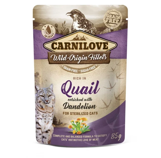 Вологий корм Carnilove Quail для стерилізованих котів, з перепілкою і кульбабою, шматочки в желе, пауч, 85 г