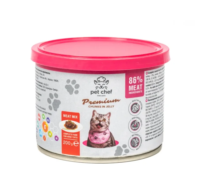 Консерви Pet Chef М'ясний мікс для дорослих котів, шматочки в желе, 200 г