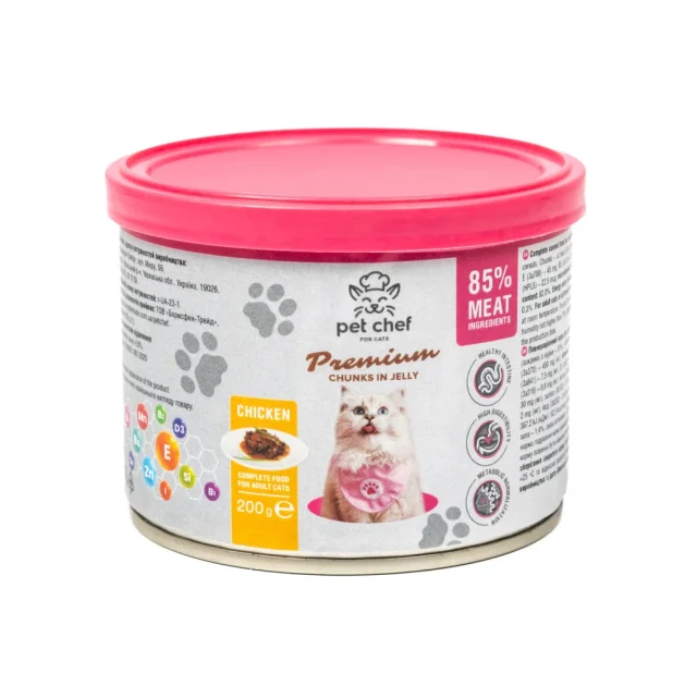 Консерви Pet Chef Chicken для дорослих котів, шматочки в желе, з куркою, 200 г