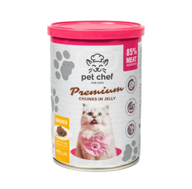 Консерви Pet Chef Chicken для дорослих котів, шматочки в желе, з куркою, 415 г