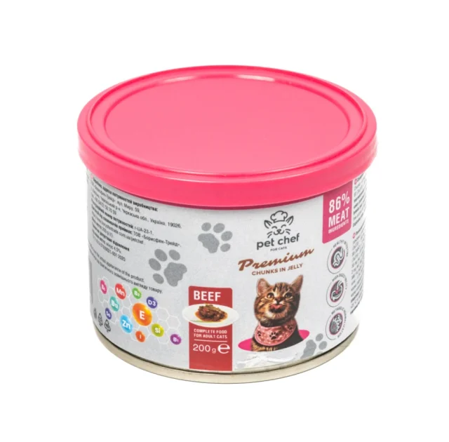 Консерви Pet Chef Beef для дорослих котів, шматочки в желе, з яловичиною, 200 г