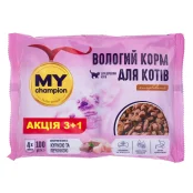 Вологий корм Мій чемпіон для котів, шматочки з куркою та печінкою, пауч, 100 г, акція 3+1