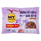 Вологий корм Мій чемпіон для котів, шматочки з куркою та телятиною, пауч, 100 г, акція 3+1