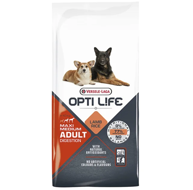 Сухий корм Versele-Laga  Opti Life Adult Digestion для собак середніх та великих порід, з чутливим травленням, ягня, 12.5 кг