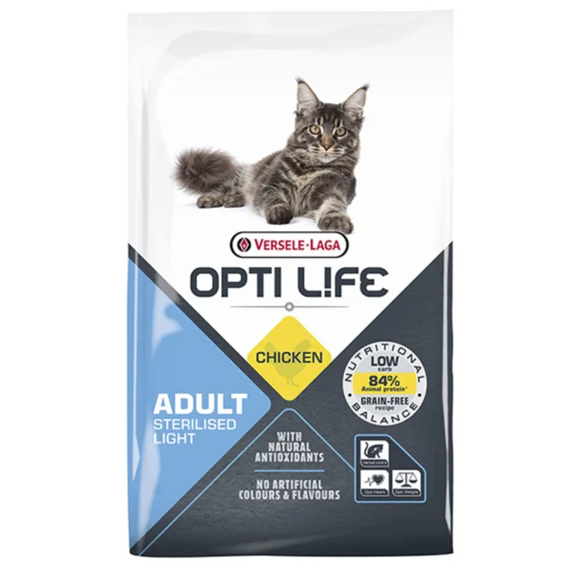 Сухой беззерновой корм Versele-Laga Opti Life Sterilised Light для стерилизованных и кошек склонных к полноте, курица, 7.5 кг