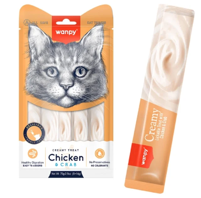 Жидкое лакомство Wanpy Creamy Lickable Treats Chicken & Crab, для кошек, курица с крабом, 70 г