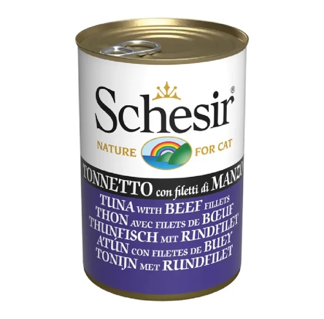 Вологий корм Schesir Tuna with Beef Fillets, консерви для котів, тунець з філе яловичини в желе, 140 г