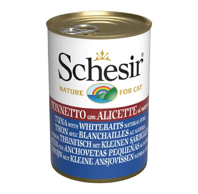 Влажный корм Schesir Tuna with Whitebaits, консервы для кошек, тунец с анчоусами в бульоне, 140 г