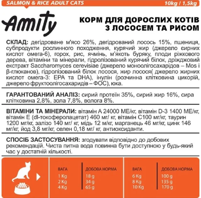 Сухий корм Amity Salmon&Rice для дорослих котів, з лососем та рисом, 10 кг
