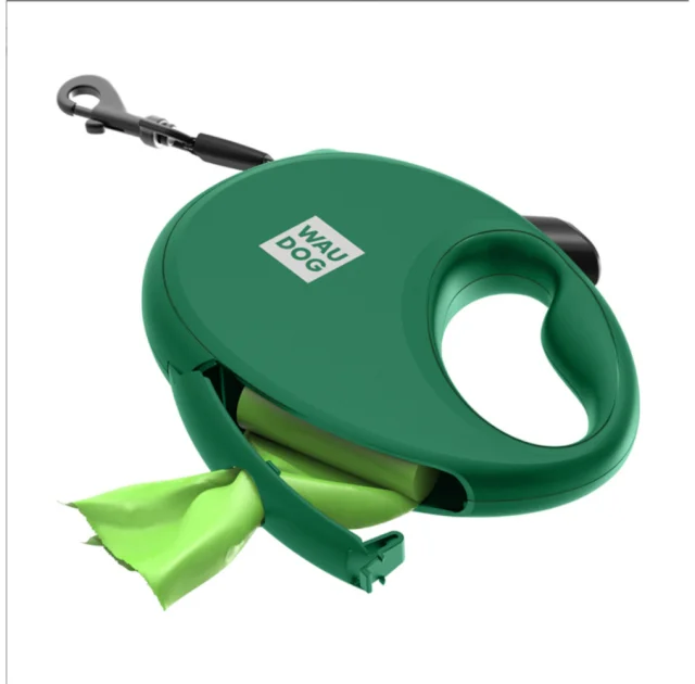 Поводок-рулетка Waudog R-leash с контейнером для пакетов, для собак, светоотражающая лента, S, до 12 кг, 3 м, зеленый
