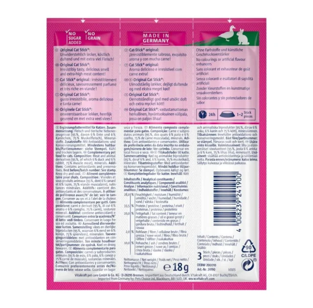 Ласощі Vitakraft, для котів, м'ясні палички з качкою та кроликом 3 шт × 6 г
