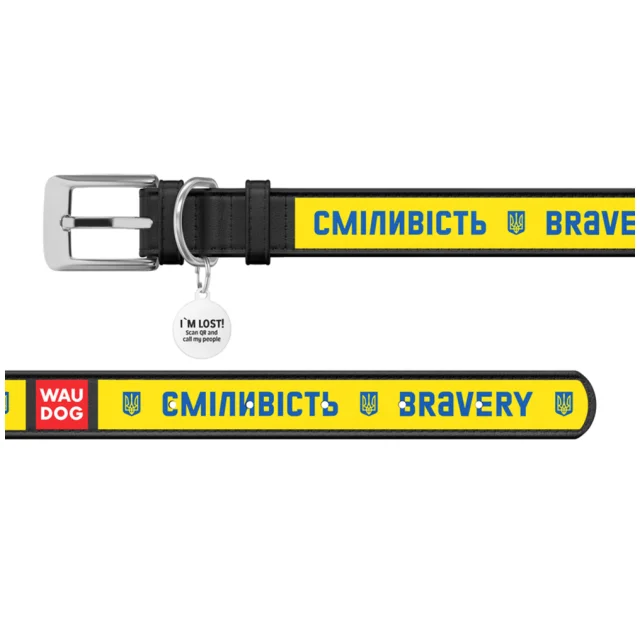Ошейник кожанный Waudog Design з QR паспортом для собак, рисунок "Смелость" XS,12 мм/20-28 см, черный