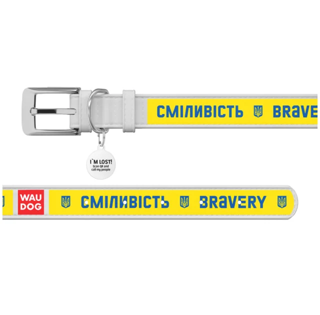 Нашийник шкіряний Waudog Design з QR паспортом для собак, малюнок "Сміливість", M,20мм/29-38 см, білий