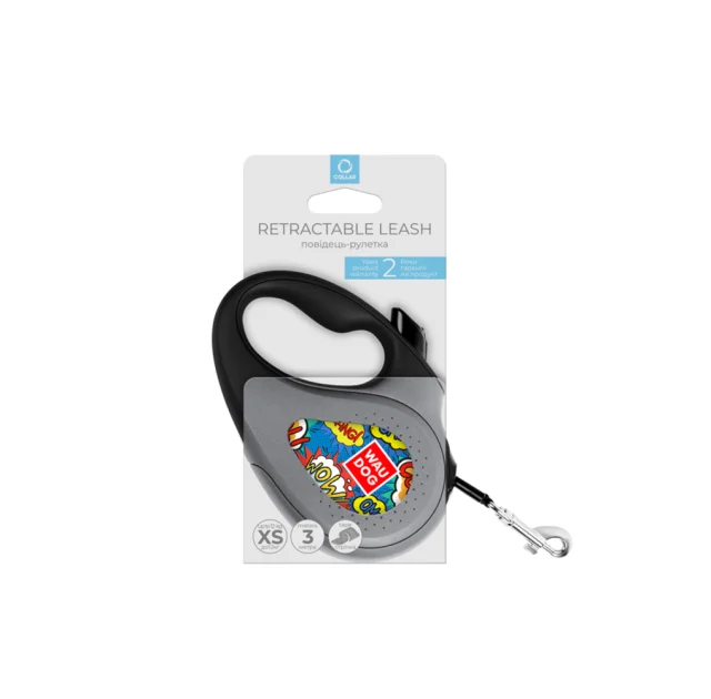 Поводок-рулетка Waudog R-leash для собак, рисунок "ВАУ", светоотражающая лента, XS, до 12 кг, 3 м, черный