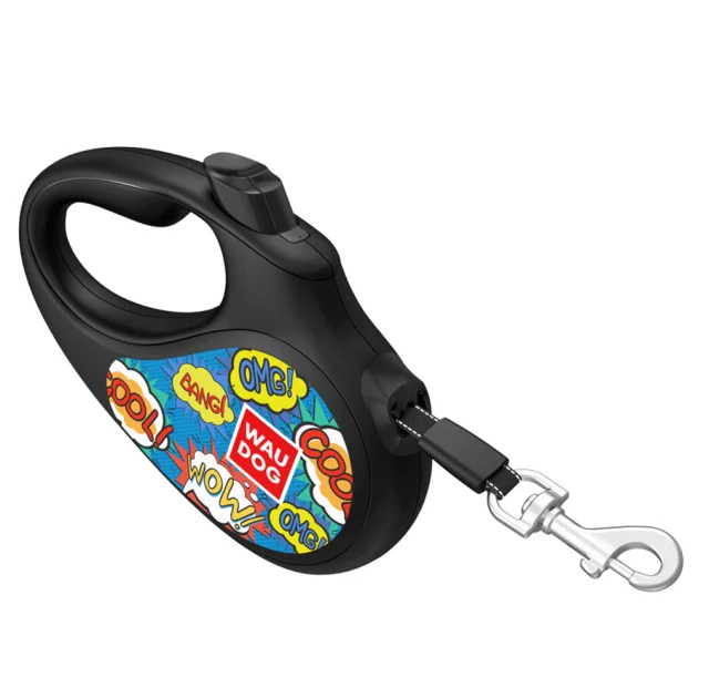 Поводок-рулетка Waudog R-leash для собак, рисунок "ВАУ", светоотражающая лента, XS, до 12 кг, 3 м, черный