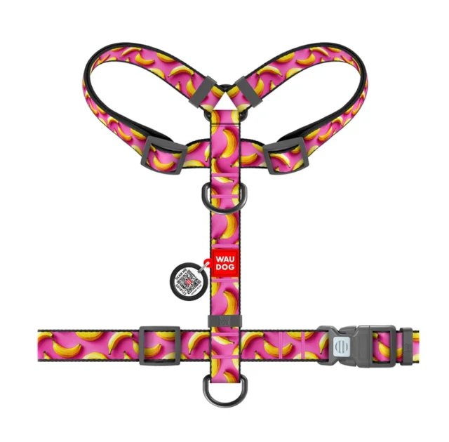Шлея анатомическая H-образная Waudog Nylon для собак с QR-паспортом, рисунок "Бананы на розовом",  S, Ш 15 мм, A 30-40, B 30-50