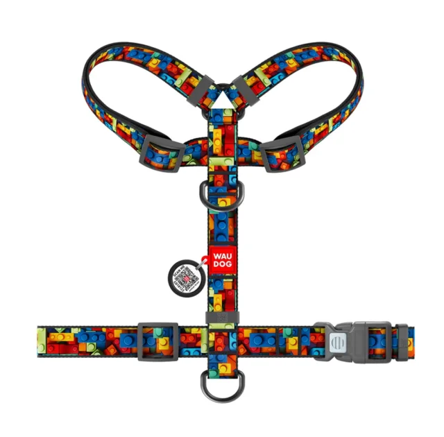 Шлея анатомическая H-образная Waudog Nylon для собак с QR-паспортом, рисунок "Блоки",  S, Ш 15 мм, A 30-40, B 30-50
