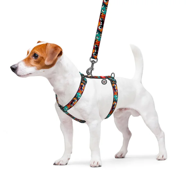 Шлея анатомическая H-образная Waudog Nylon для собак с QR-паспортом, рисунок "Зубастые монстры",  М, Ш 20 мм, А 40-70, В 50-80