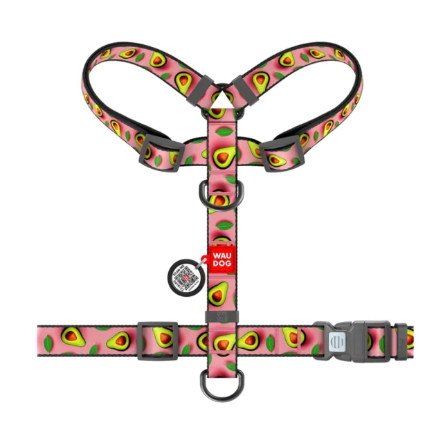 Шлея анатомическая H-образная Waudog Nylon для собак с QR-паспортом, рисунок "Авокадо на розовом",  М, Ш 20 мм, А 40-70, В 50-80