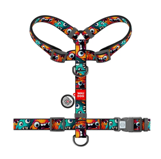 Шлея анатомическая H-образная Waudog Nylon для собак с QR-паспортом, рисунок "Зубастые монстры",  L, Ш 25 мм, А 50-90 см, В 60-100 см