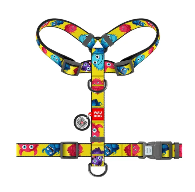 Шлея анатомічна H-подібна Waudog Nylon для собак з QR-паспортом, малюнок "Мохнаті монстри",  L, Ш 25 мм, А 50-90 см, В 60-100 см