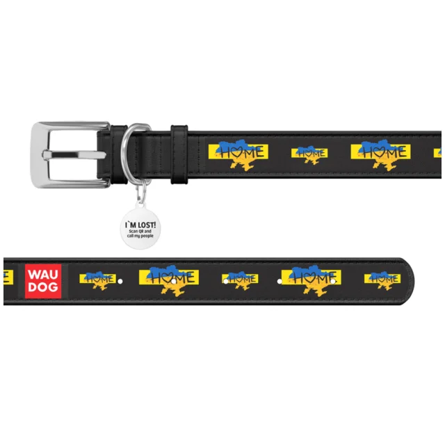 Нашийник шкіряний Waudog Design з QR паспортом для собак, малюнок "Дім", XS, 12 мм/20-28 см, чорний