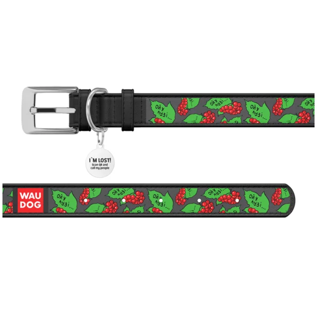 Ошейник кожанный Waudog Design з QR паспортом для собак, рисунок "Калина", M,20 мм/29-38 см, черный