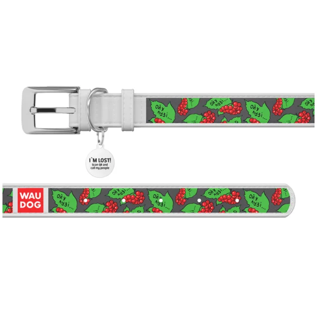 Ошейник кожанный Waudog Design з QR паспортом для собак, рисунок "Калина", S,15мм/26-35 см, белый