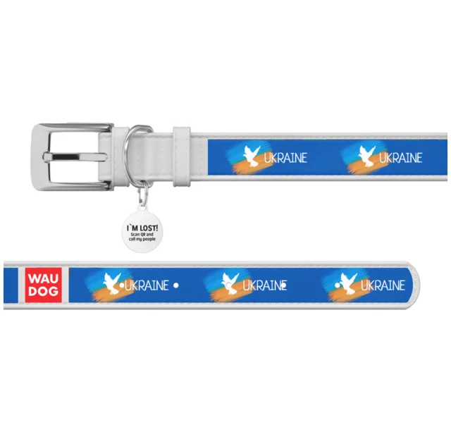 Ошейник кожанный Waudog Design з QR паспортом для собак, рисунок "Знамя", S,15мм/26-35 см, белый