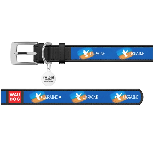 Нашийник шкіряний Waudog Design з QR паспортом для собак, малюнок "Прапор", XL, 35 мм/46-59 см, чорний