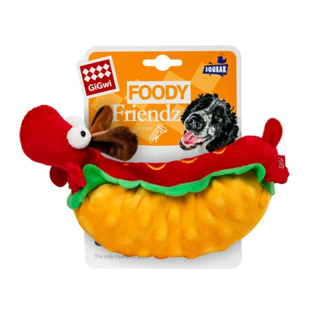 Игрушка GiGwi Foody Friends для собак, Хот-Дог с пищалкой, текстиль, плюш, 24 см