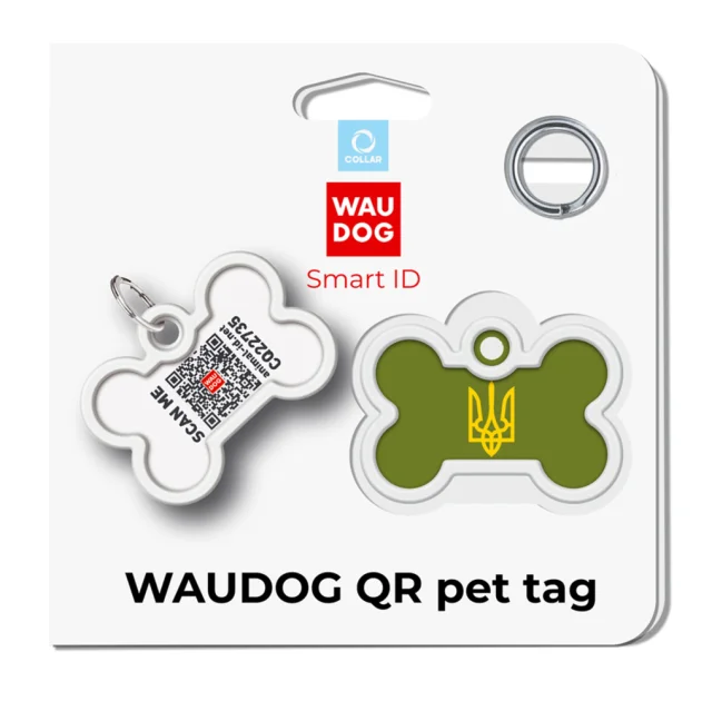 Адресник Waudog Smart ID c QR паспортом для собак і кішок, метал, малюнок "Тризуб олія" кістка, 40мм/28 мм