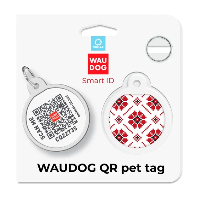 Адресник Waudog Smart ID з QR паспортом для собак і кішок, малюнок "Вишиванка", коло, 25 мм