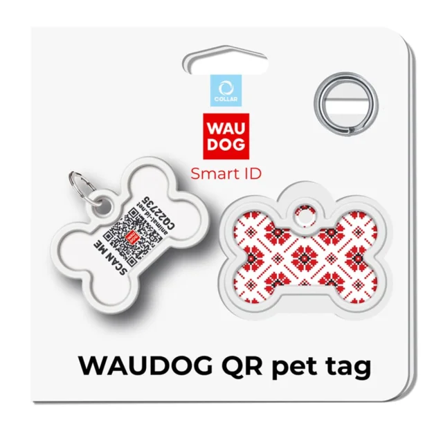 Адресник Waudog Smart ID з QR паспортом для собак і кішок, малюнок "Вишиванка", кістка, 40/28 мм