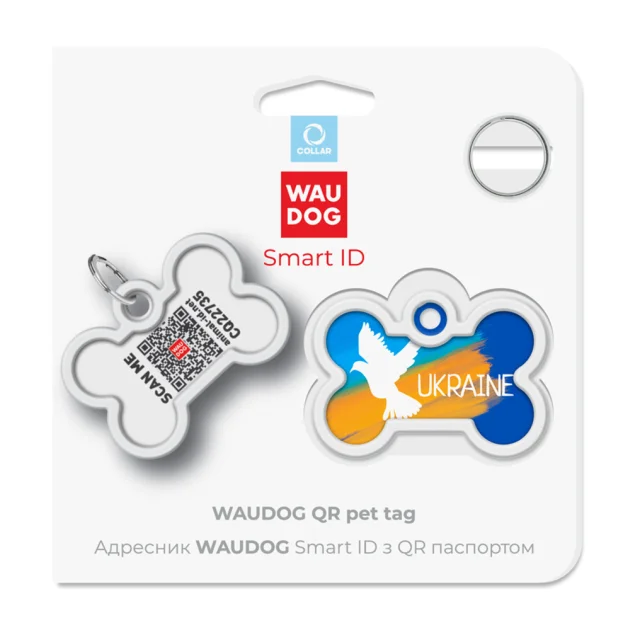Анресник Waudog Smart ID з QR паспортом для собак і кішок, малюнок "Прапор", кістка, 40 мм/28 мм