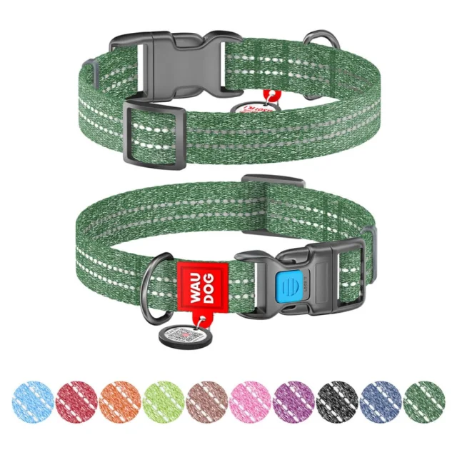 Нашийник Waudog Re-cotton для собак, з QR паспортом, бавовна/пластик, світловідбиваючий, ширина: 15 мм, довжина: 25-35 см, зелений