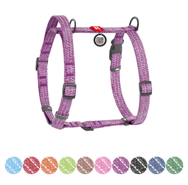 Шлей Waudog Re-cotton с QR-паспортом Н-образный для собак с ручкой из восстановленного хлопка анатомическая, светоотражающий, размер L, Ш: 25 мм, A 60-85 см, B 60-100 см, фиолетовый