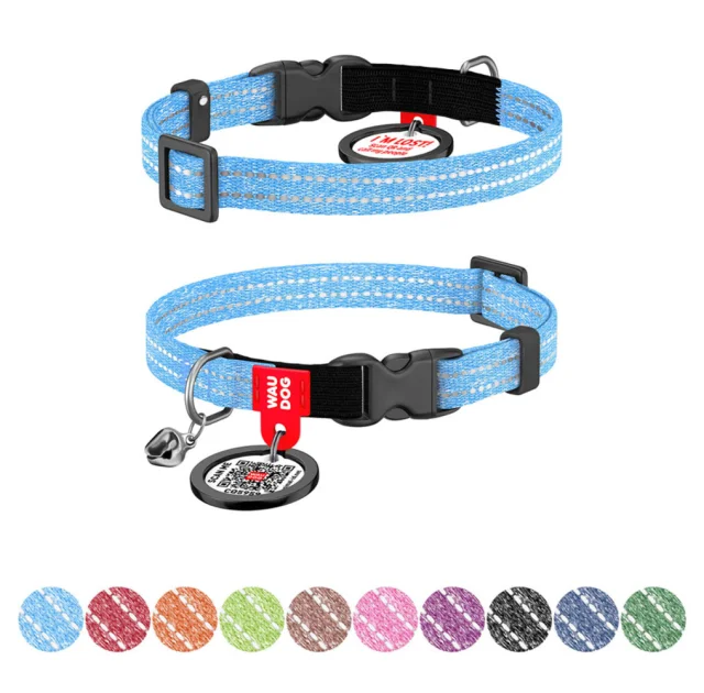 Нашийник Waudog Re-cotton з QR паспортом для котів з відновленої бавовни, світловідбиваючий, пластиковий фастекс, XS, Ш: 10 мм, Д: 20-30 см, блакитний